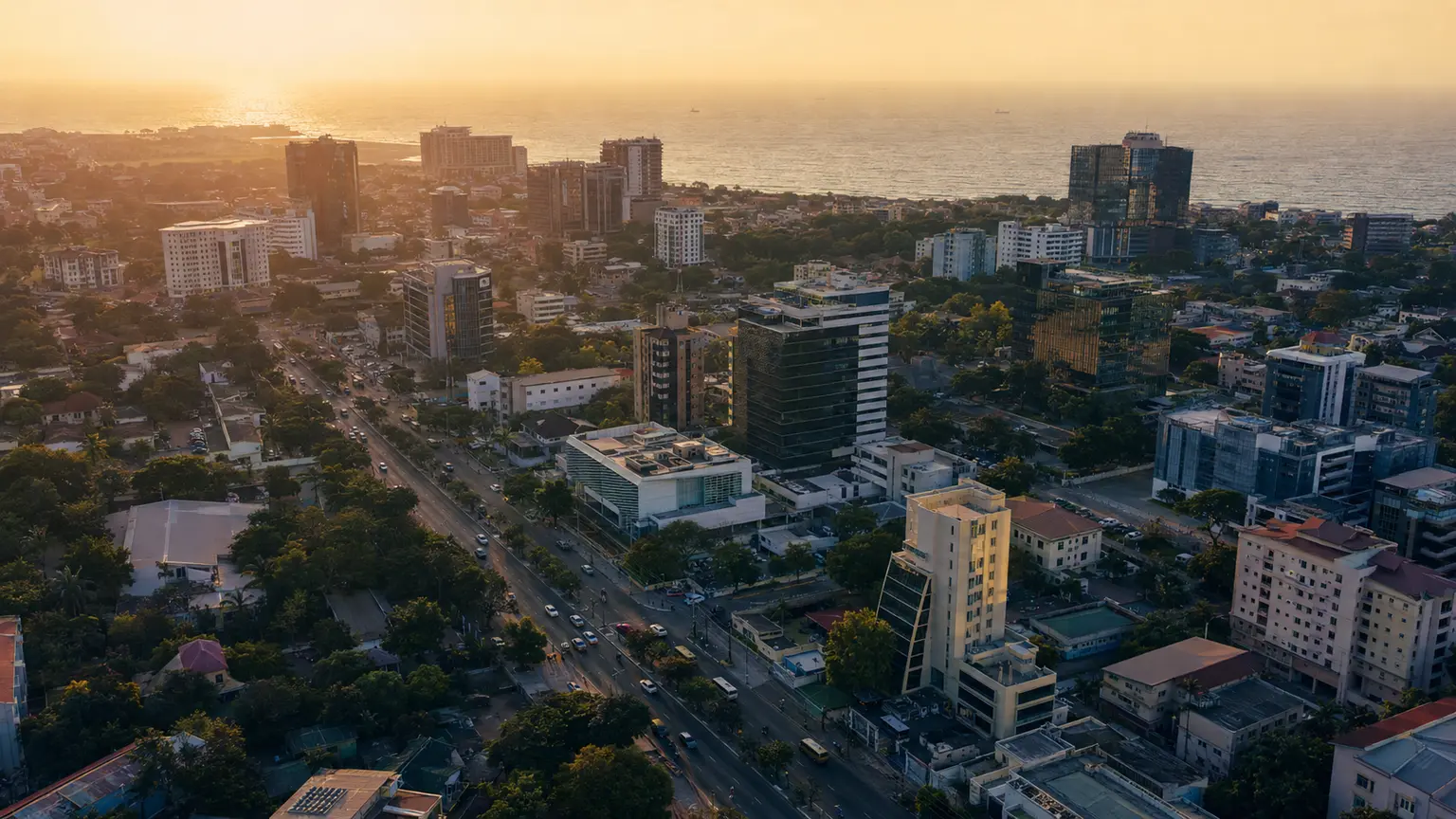 Aerial view of Accra's central business district — Corpshore Ghana headquarters city