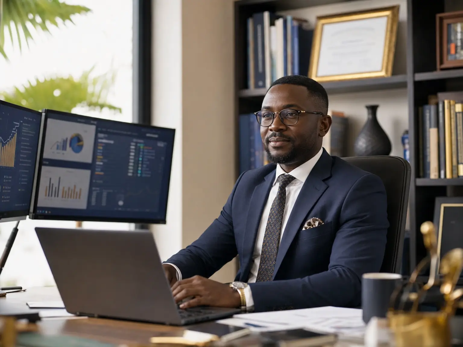 ICAG-qualified finance professional at Corpshore Ghana reviewing GRA and IFRS compliance reports